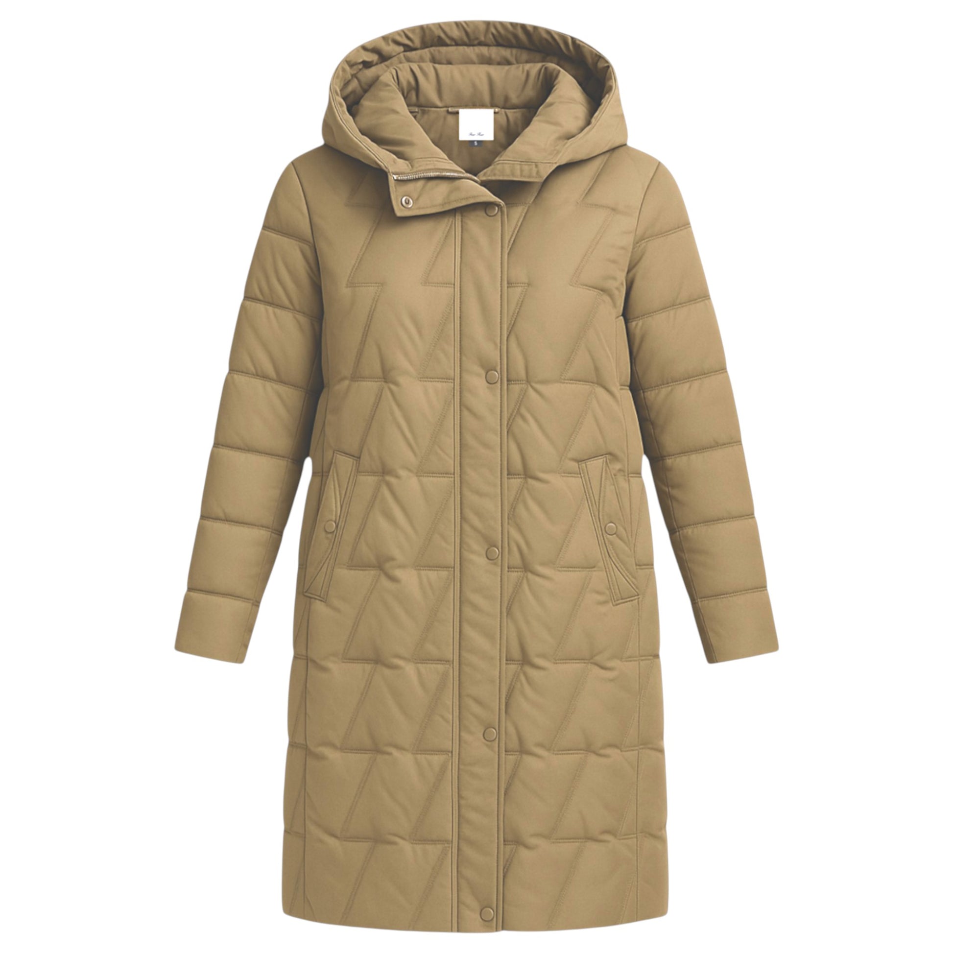 Ladies longline puffer coat in khaki with hood and quilted design