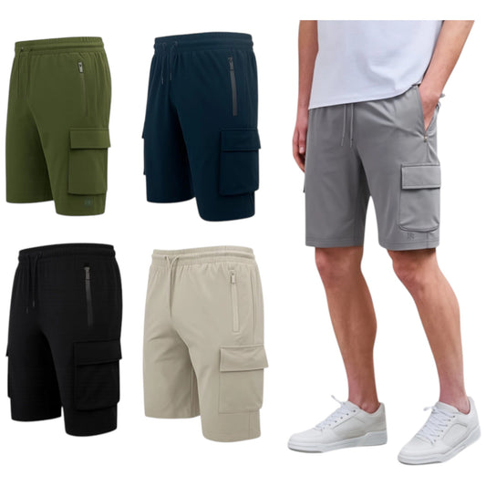 JDN men’s black, grey, khaki, navy & beige cargo shorts with secure vertical zip pocket and side cargo pocket, casual summer style.