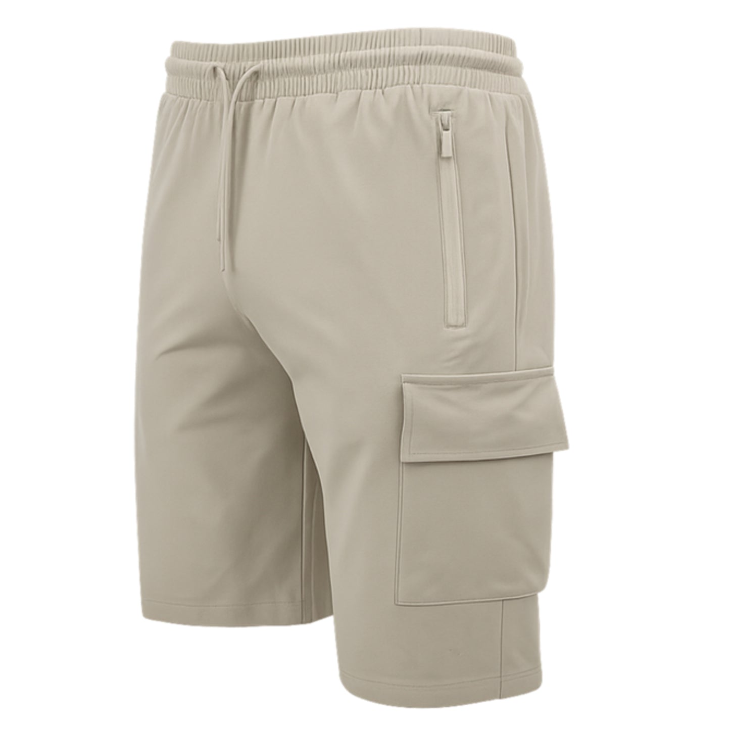 JDN men’s beige cargo shorts with secure vertical zip pocket and side cargo pocket, casual summer style.