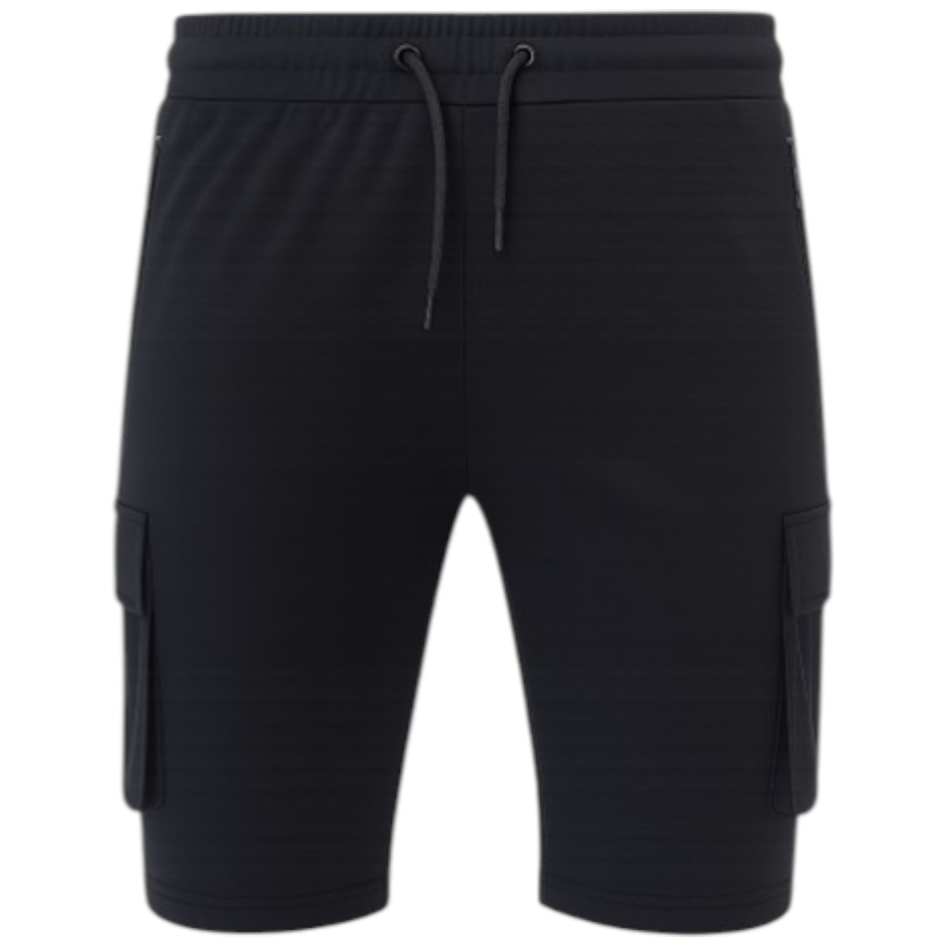 JDN men’s black cargo shorts with secure vertical zip pocket and side cargo pocket, casual summer style.