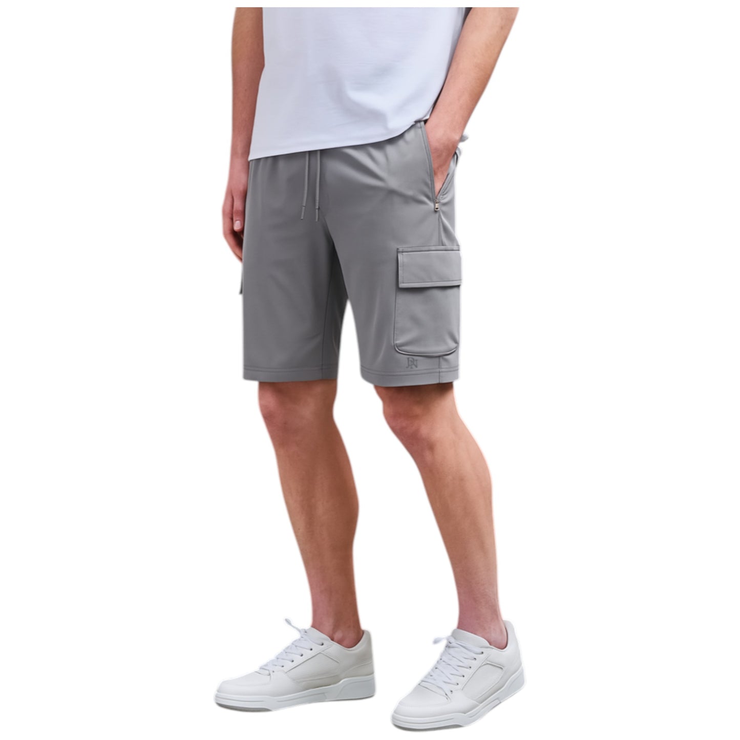 JDN men’s grey cargo shorts with secure vertical zip pocket and side cargo pocket, casual summer style.