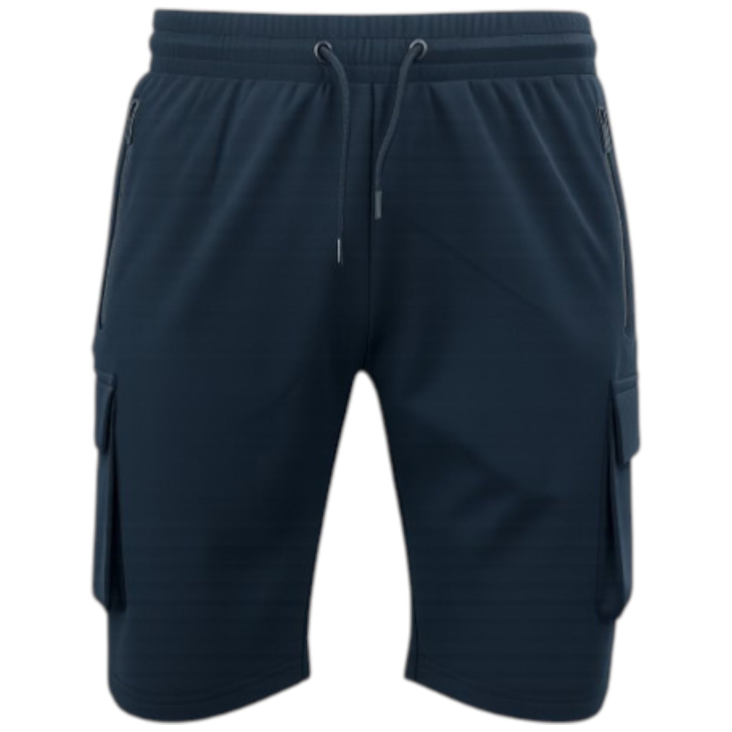 JDN men’s navy cargo shorts with secure vertical zip pocket and side cargo pocket, casual summer style.