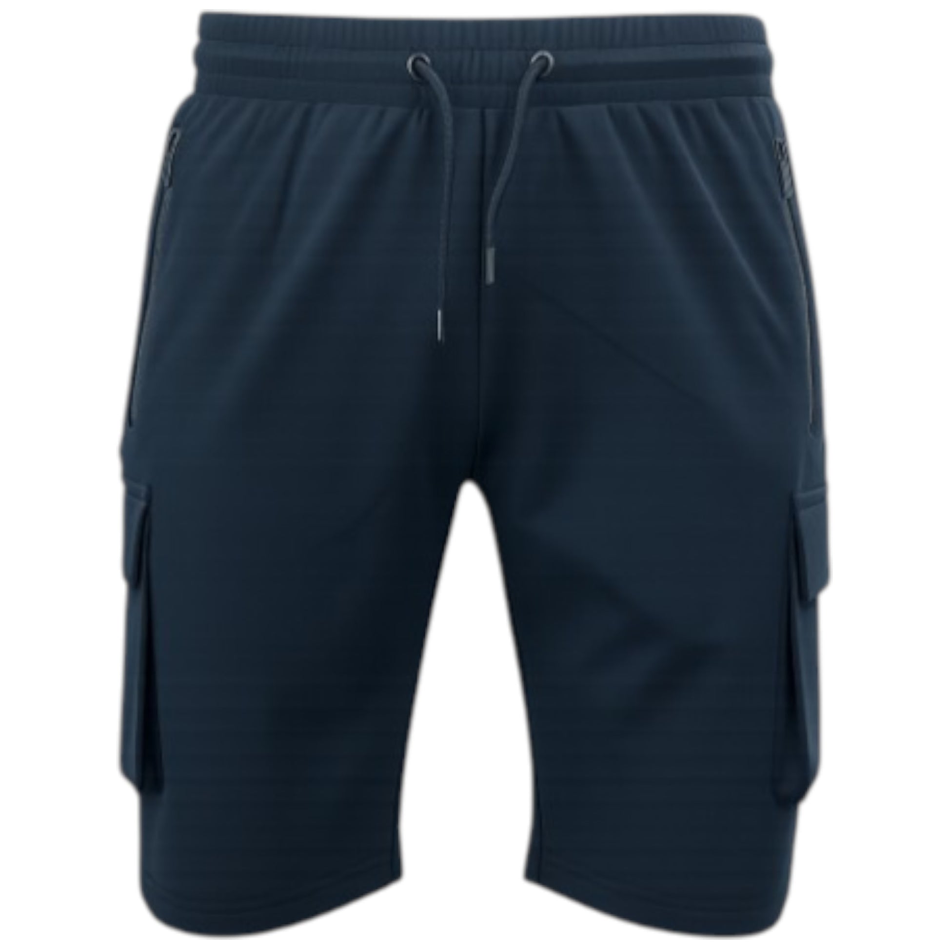JDN men’s navy cargo shorts with secure vertical zip pocket and side cargo pocket, casual summer style.
