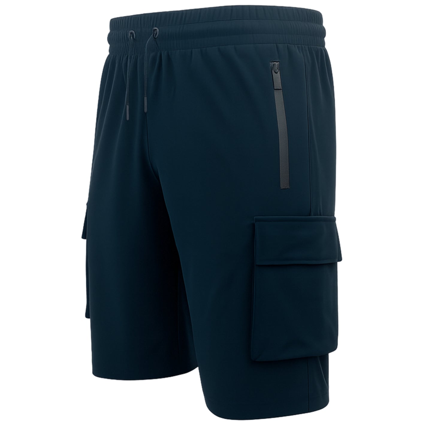 JDN men’s navy cargo shorts with secure vertical zip pocket and side cargo pocket, casual summer style.