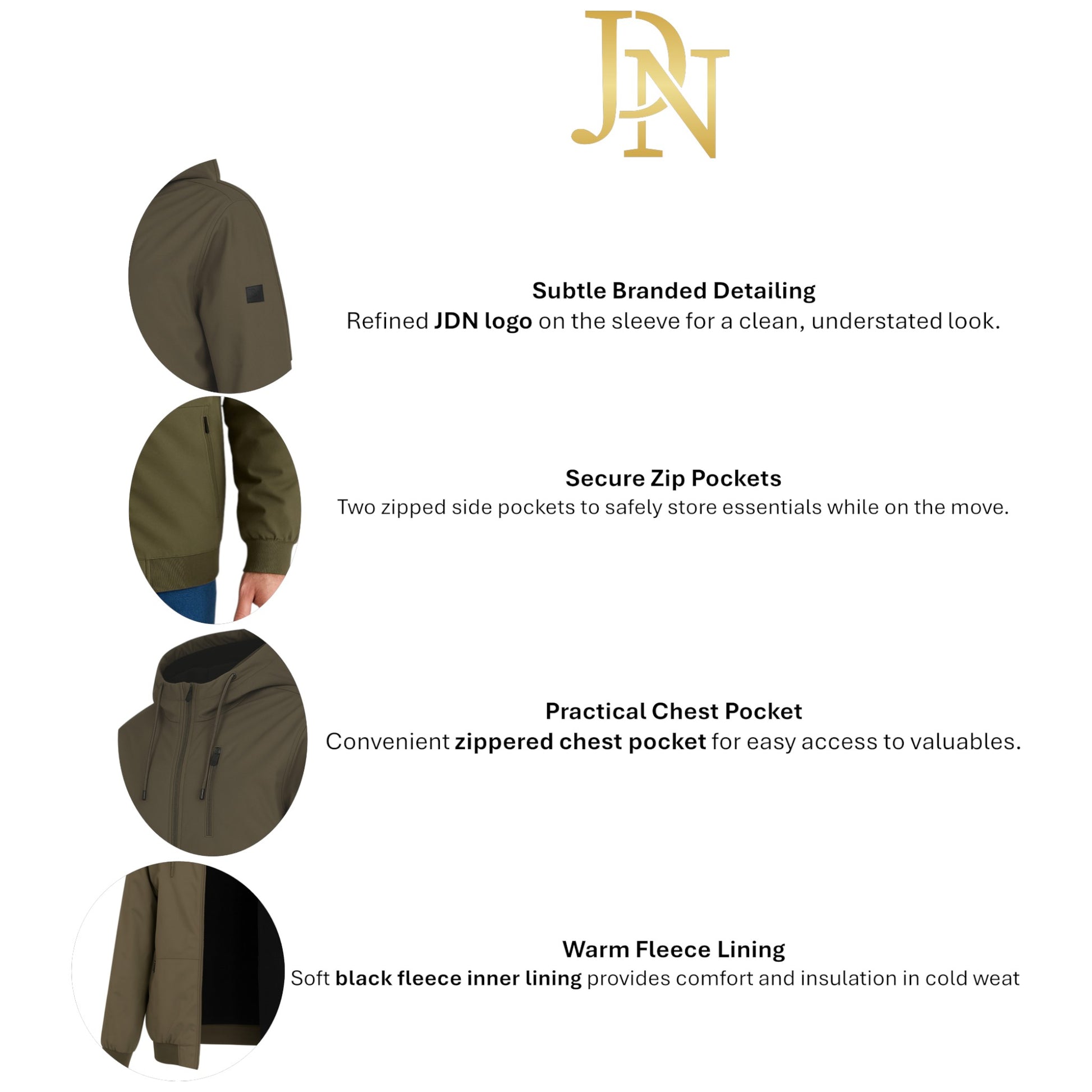 Men’s JDN softshell fleece lined hooded jacket in black, navy or khaki green