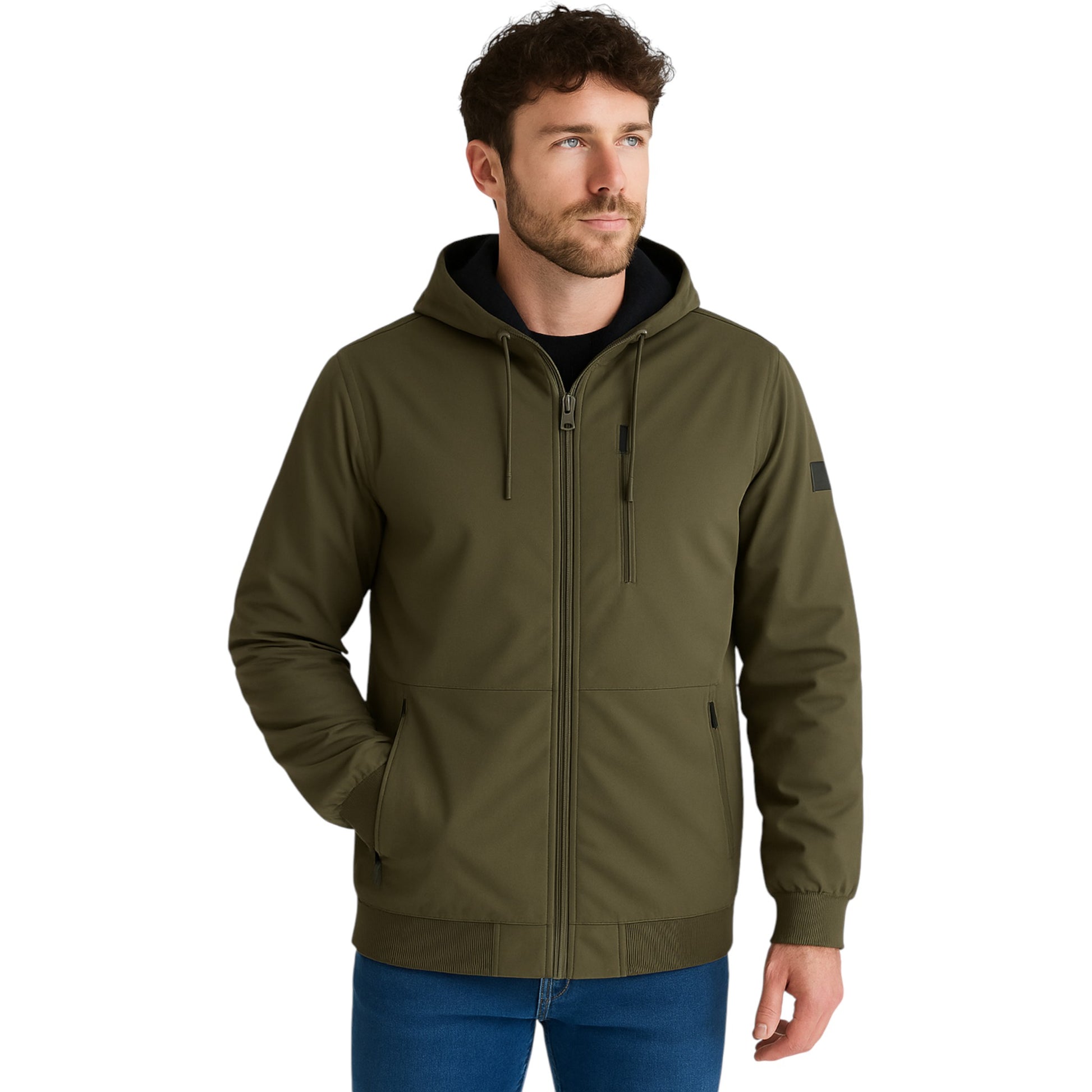 Men’s JDN softshell fleece lined hooded jacket in khaki green