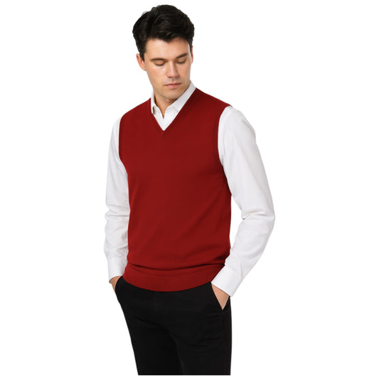 Men’s burgundy V-neck sleeveless jumper tank top – smart knit pullover