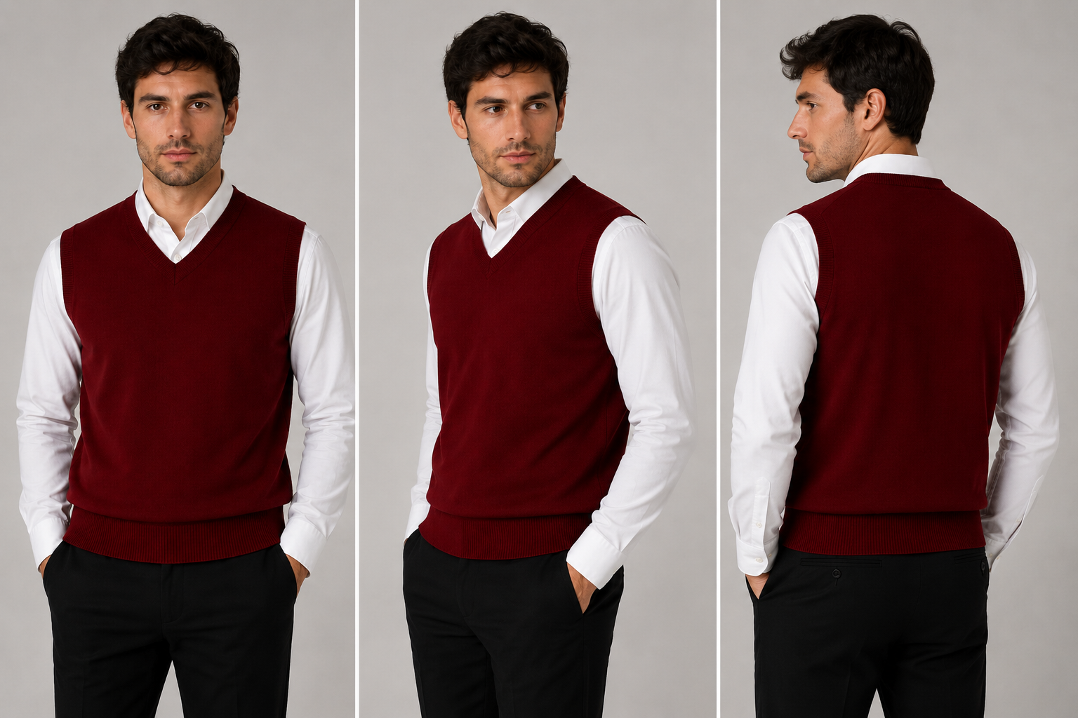 Men’s burgundy V-neck sleeveless jumper tank top – smart knit pullover