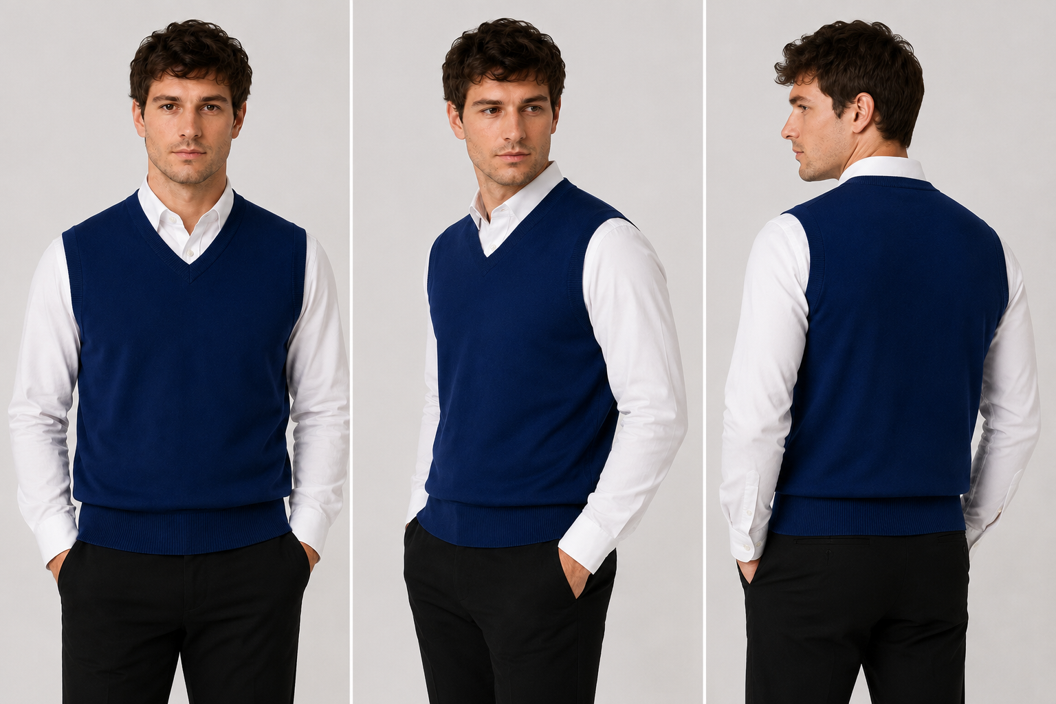 Men’s navy blue V-neck sleeveless jumper tank top – smart knit pullover