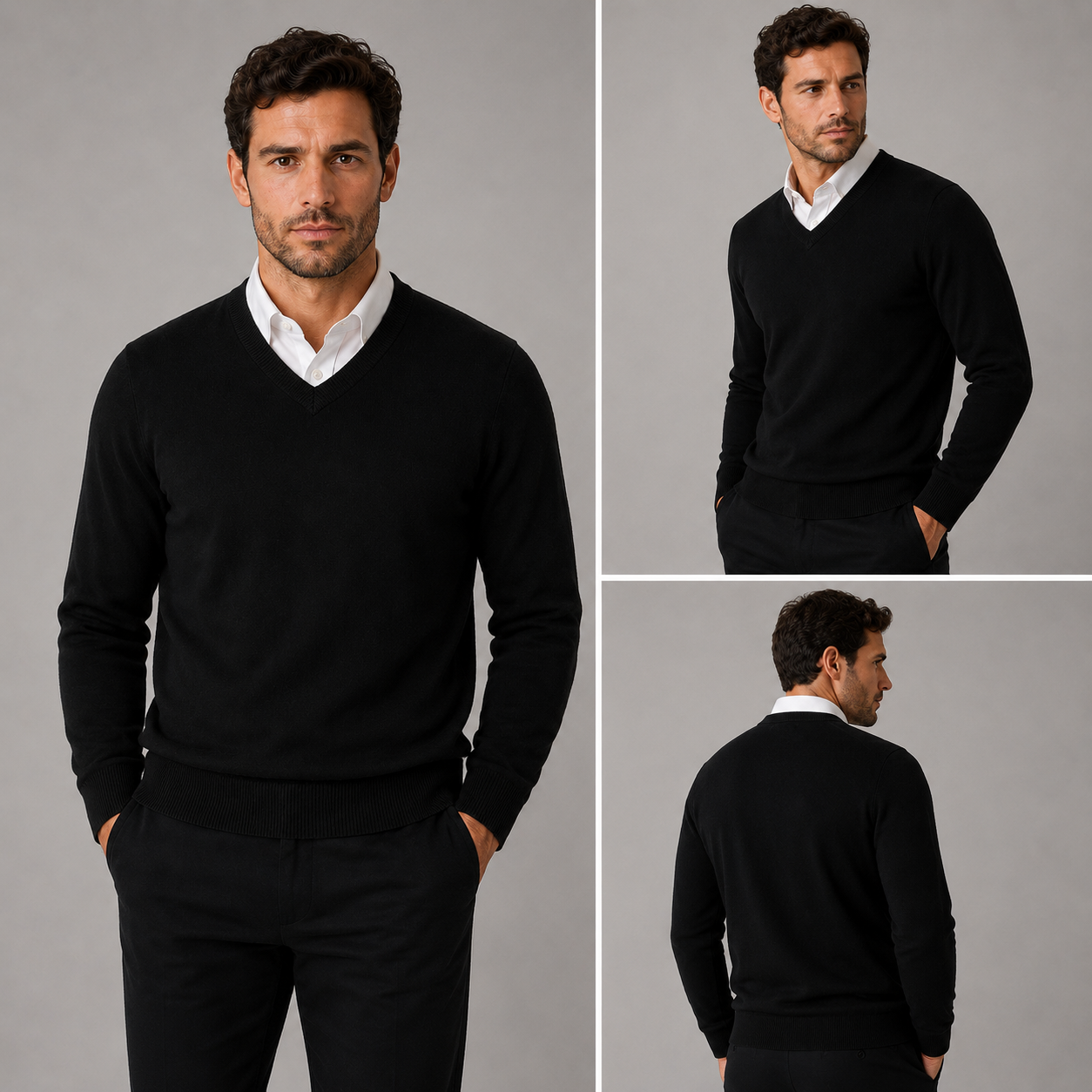 Men’s classic black v-neck jumper – soft knit pullover sweater with long sleeves