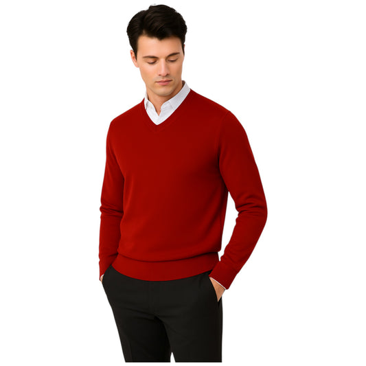 Men’s classic burgundy v-neck jumper – soft knit pullover sweater with long sleeves