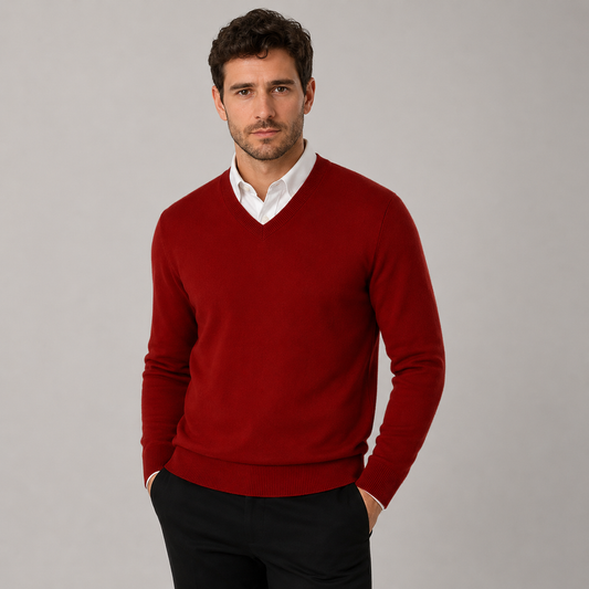 Men’s classic burgundy v-neck jumper – soft knit pullover sweater with long sleeves
