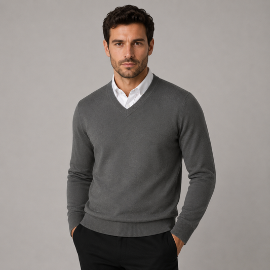 Men’s classic charcoal grey v-neck jumper – soft knit pullover sweater with long sleeves