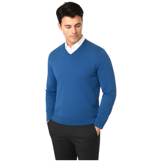 Men’s classic denim blue v-neck jumper – soft knit pullover sweater with long sleeves