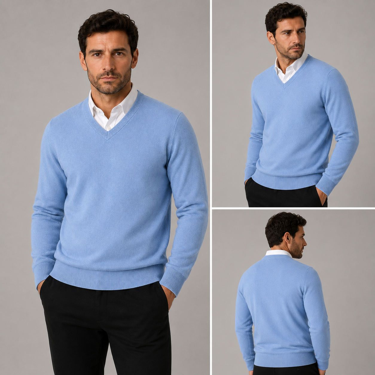 Men’s classic denim blue v-neck jumper – soft knit pullover sweater with long sleeves