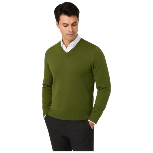 Men’s classic khaki green v-neck jumper – soft knit pullover sweater with long sleeves