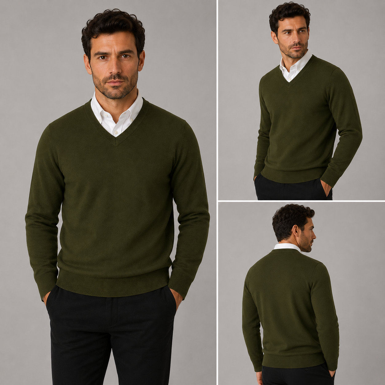 Men’s classic khaki green v-neck jumper – soft knit pullover sweater with long sleeves