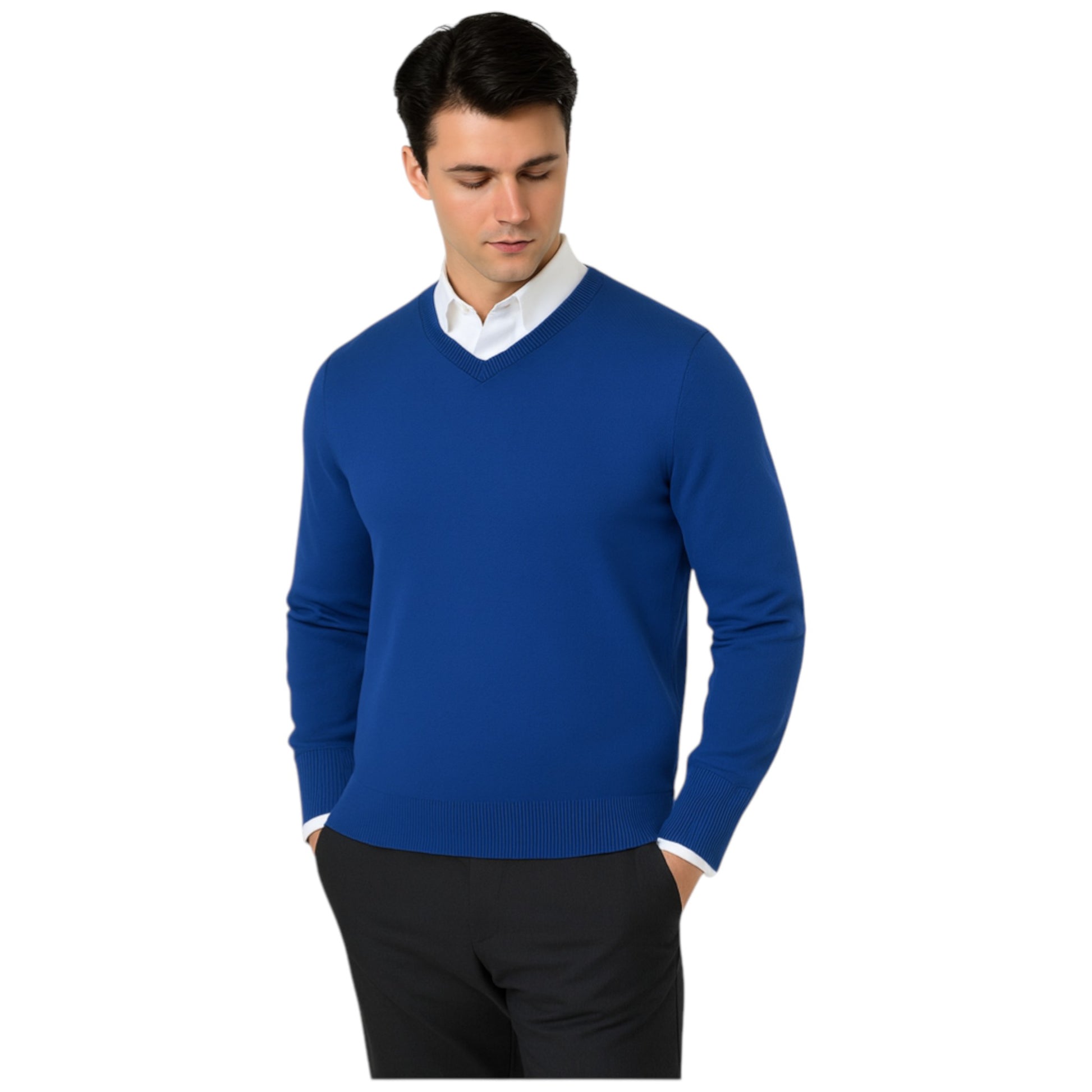 Men’s classic navy v-neck jumper – soft knit pullover sweater with long sleeves