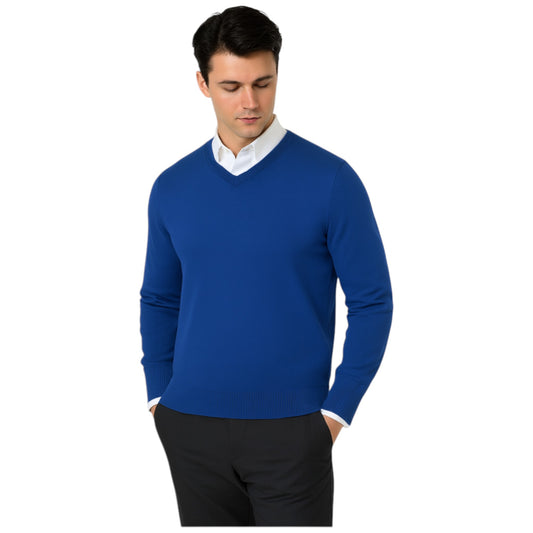 Men’s classic navy v-neck jumper – soft knit pullover sweater with long sleeves