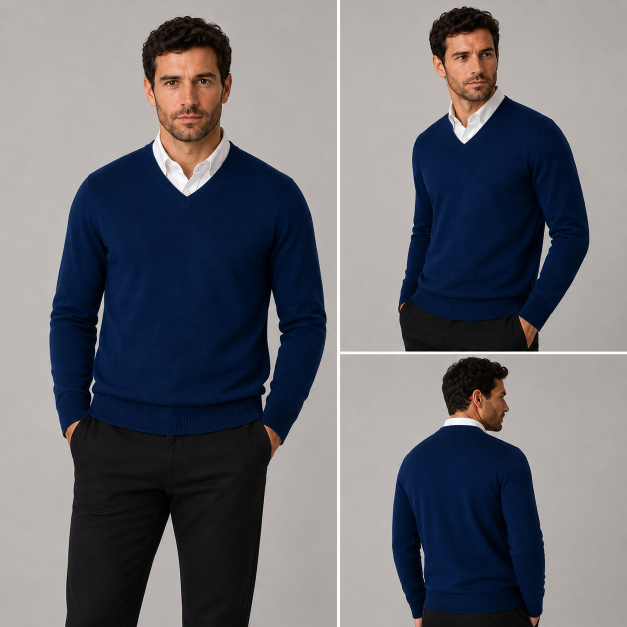 Men’s classic navy v-neck jumper – soft knit pullover sweater with long sleeves