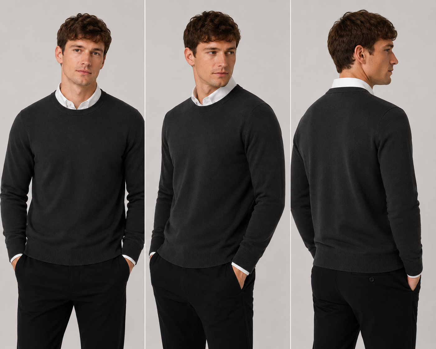 Men’s classic black round neck jumper – soft knit pullover sweater with long sleeves