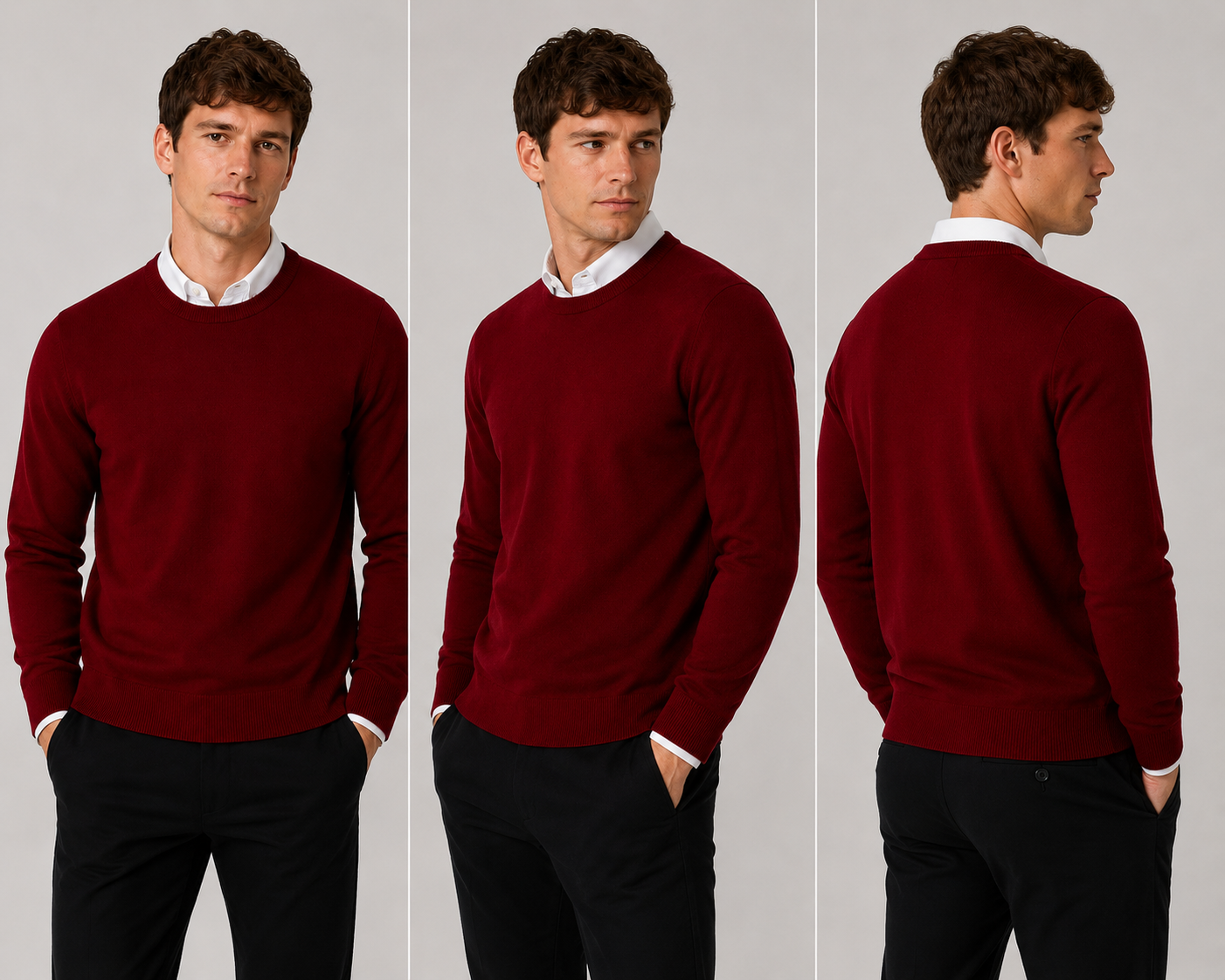 Men’s classic burgundy round neck jumper – soft knit pullover sweater with long sleeves
