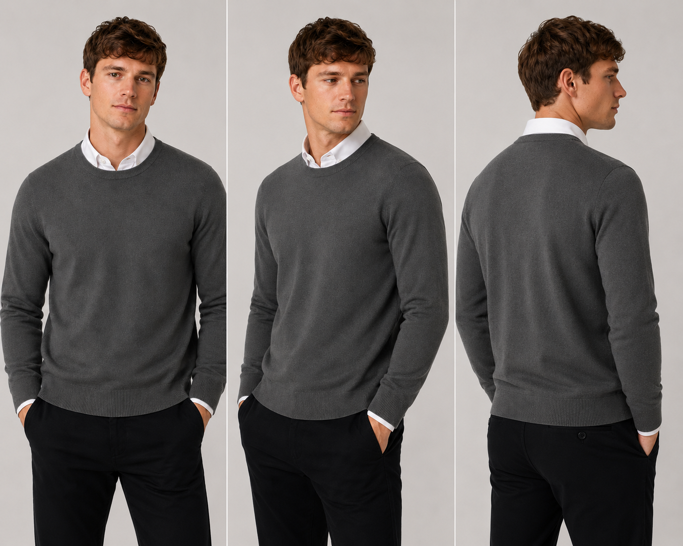 Men’s classic charcoal round neck jumper – soft knit pullover sweater with long sleeves