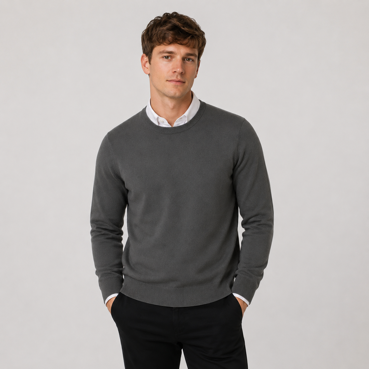 Men’s classic charcoal round neck jumper – soft knit pullover sweater with long sleeves