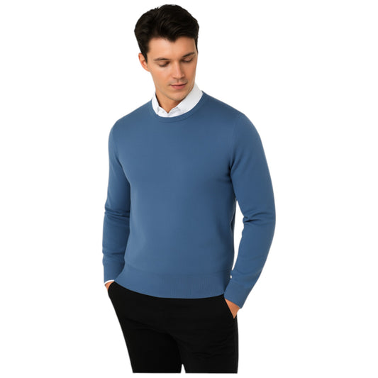 Men’s classic denim blue round neck jumper – soft knit pullover sweater with long sleeves
