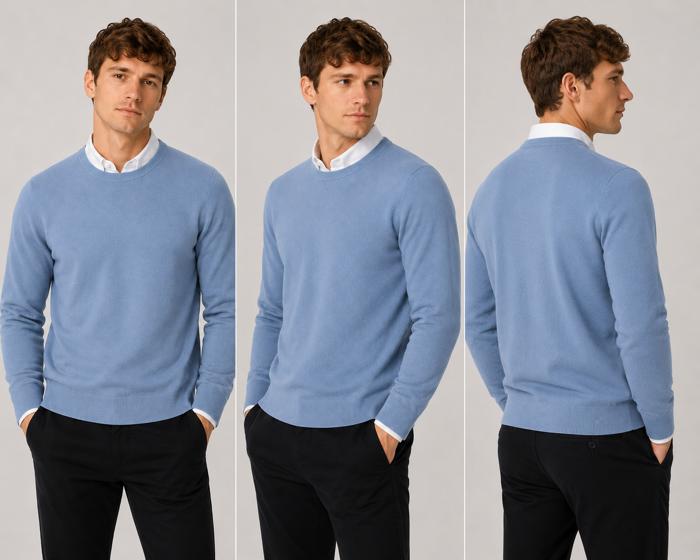Men’s classic denim blue round neck jumper – soft knit pullover sweater with long sleeves