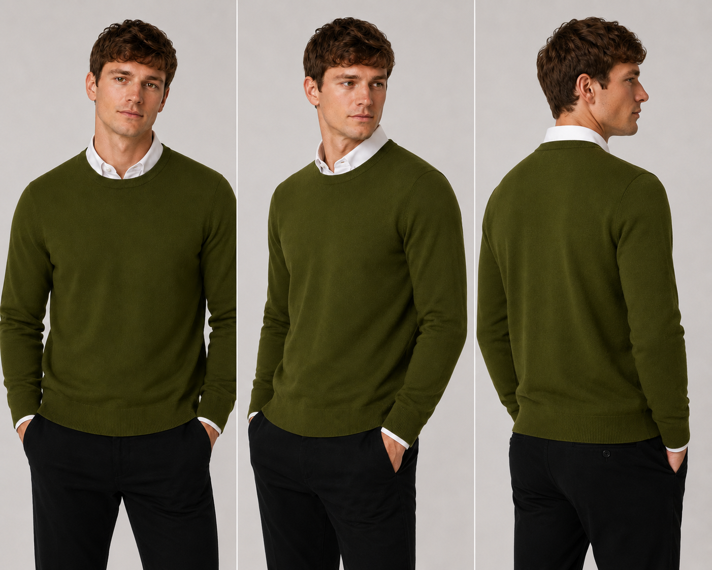Men’s classic khaki green round neck jumper – soft knit pullover sweater with long sleeves