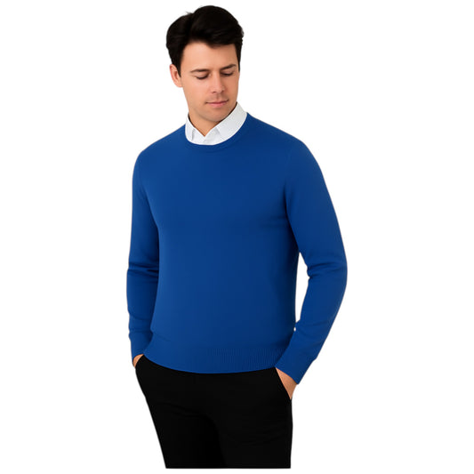 Men’s classic navy blue round neck jumper – soft knit pullover sweater with long sleeves