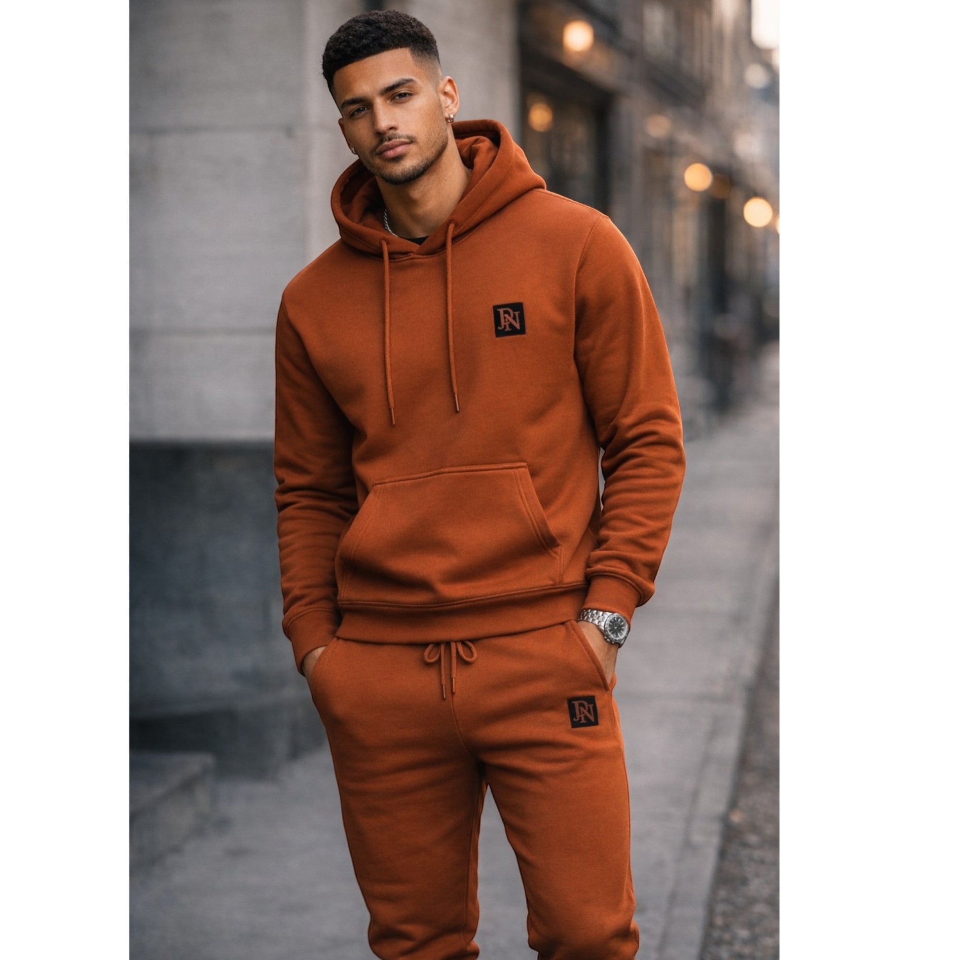 Men's JDN branded hooded tracksuit set in brick red – plain hoodie with kangaroo pocket and matching joggers loungewear activewear