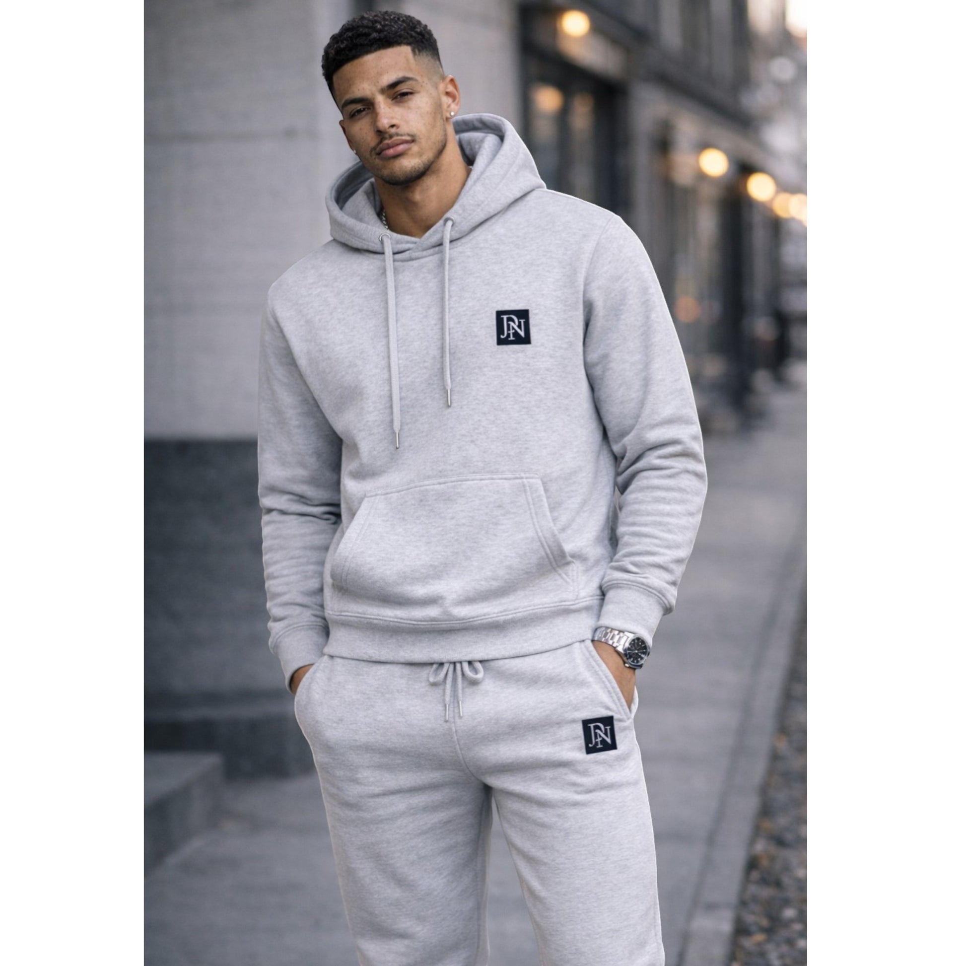 Men's JDN branded hooded tracksuit set in grey – plain hoodie with kangaroo pocket and matching joggers loungewear activewear