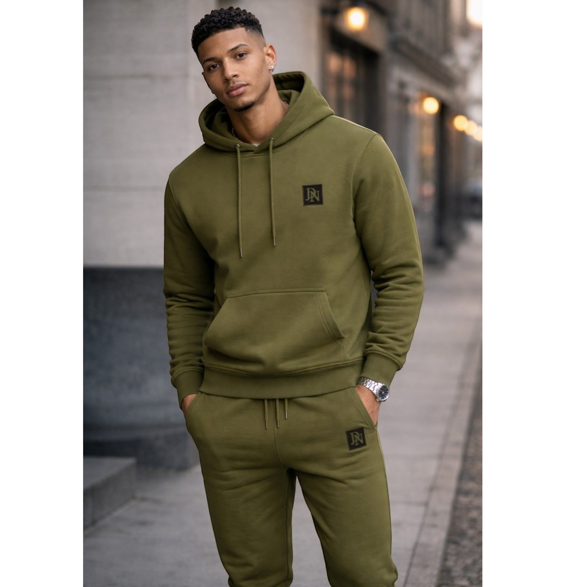 Men's JDN branded hooded tracksuit set in khaki green – plain hoodie with kangaroo pocket and matching joggers loungewear activewear