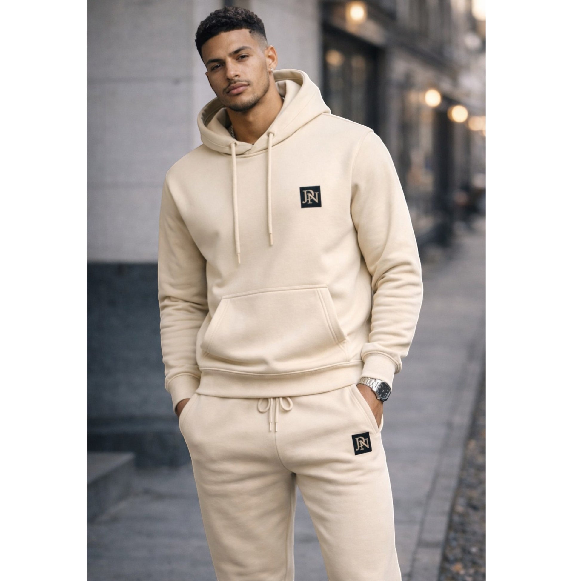 Men's JDN branded hooded tracksuit set in stone beige – plain hoodie with kangaroo pocket and matching joggers loungewear activewear