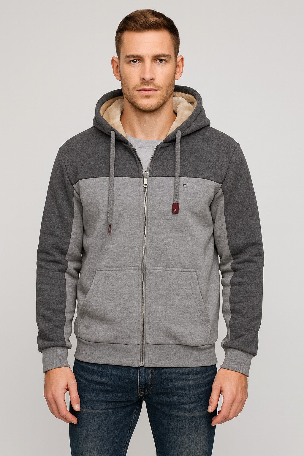 JJ Willis men’s grey two tone sherpa lined zip hoodie with hood