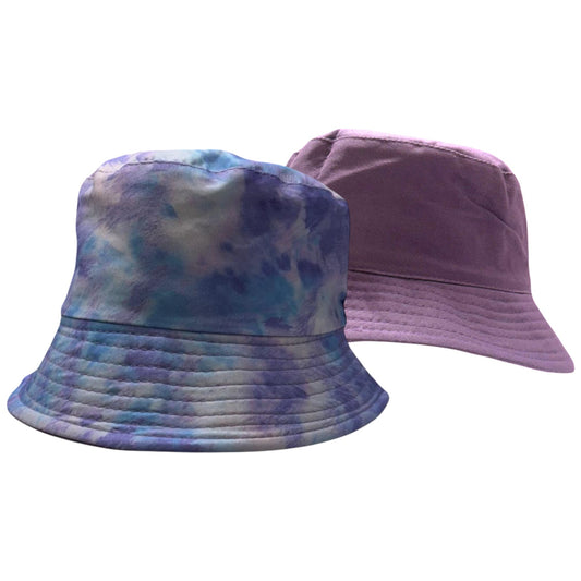 Kids reversible bucket hat with purple tie-dye design on one side and solid dark purple on the other, lightweight cotton sun hat for boys and girls.
