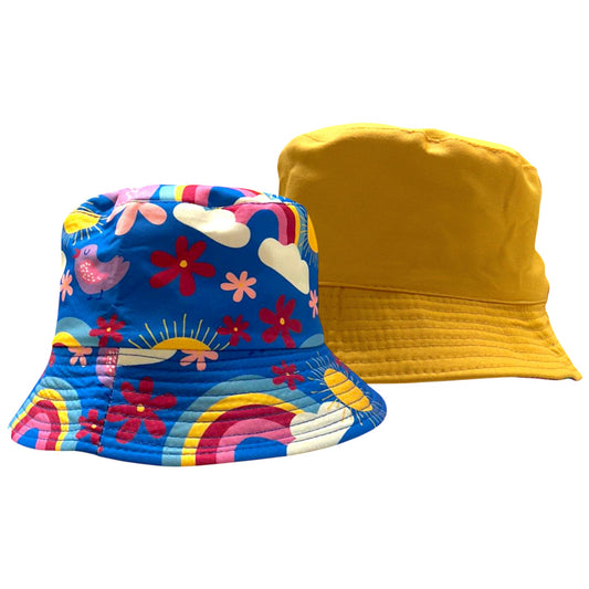 Kids reversible bucket hat with colorful rainbow and sun design on one side and solid bright yellow on the other, lightweight cotton sun hat for boys and girls.