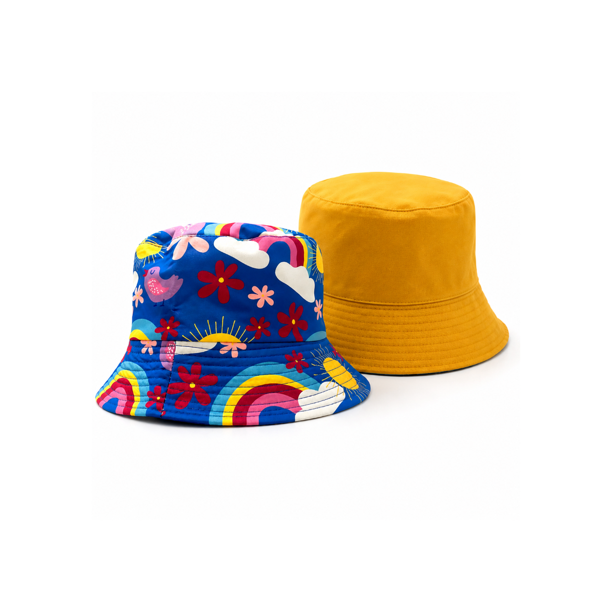 Kids reversible bucket hat with colorful rainbow and sun design on one side and solid bright yellow on the other, lightweight cotton sun hat for boys and girls.