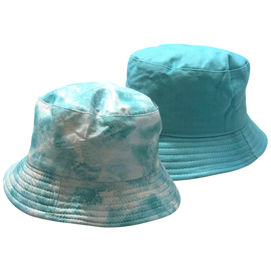 Kids reversible bucket hat with turquoise tie-dye design on one side and solid aqua blue on the other, lightweight cotton sun hat for boys and girls.