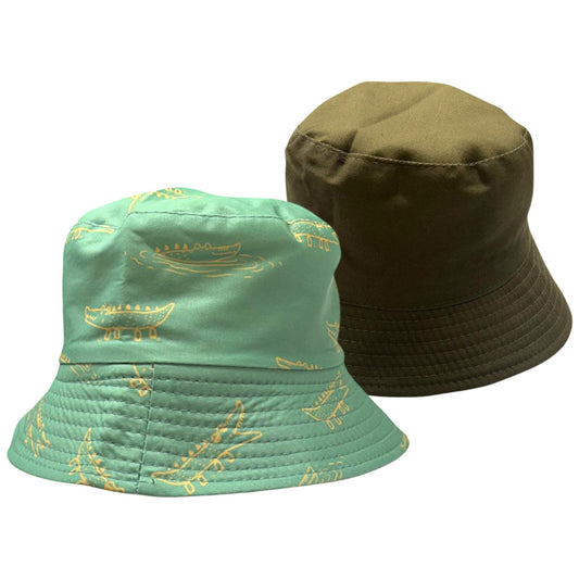 Kids reversible bucket hat with playful green crocodile print on one side and solid khaki on the other, lightweight cotton sun hat for boys and girls.
