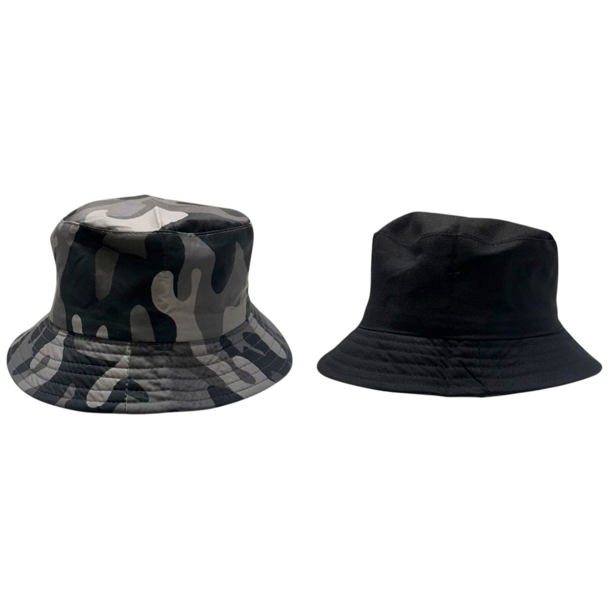 Kids reversible bucket hat with grey and black camouflage print on one side and solid black on the other, lightweight cotton sun hat for boys and girls