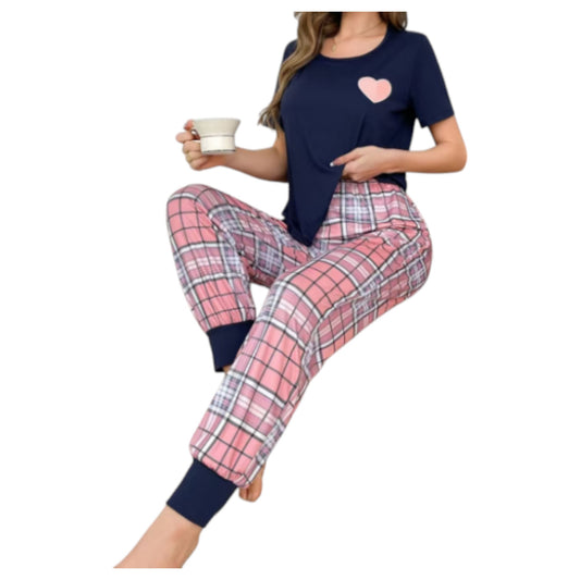 Women's navy short-sleeve pyjama set with pink heart print top and pink checkered cuffed lounge pants – soft and cozy nightwear for all seasons