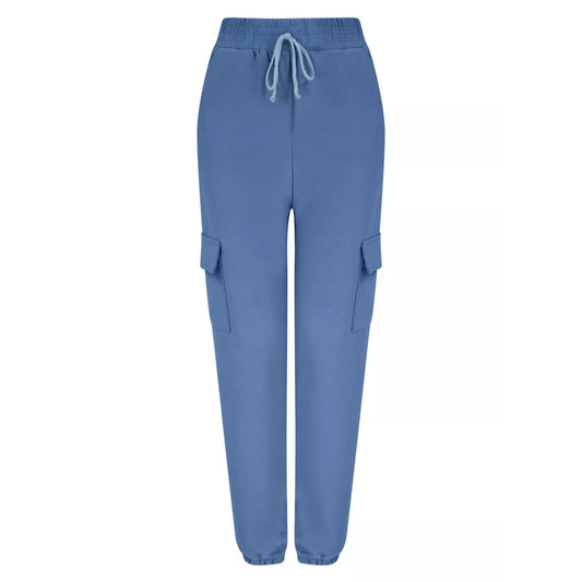 Women's blue combat-style joggers with elasticated waistband, drawstring tie, and side cargo pockets – casual utility trousers