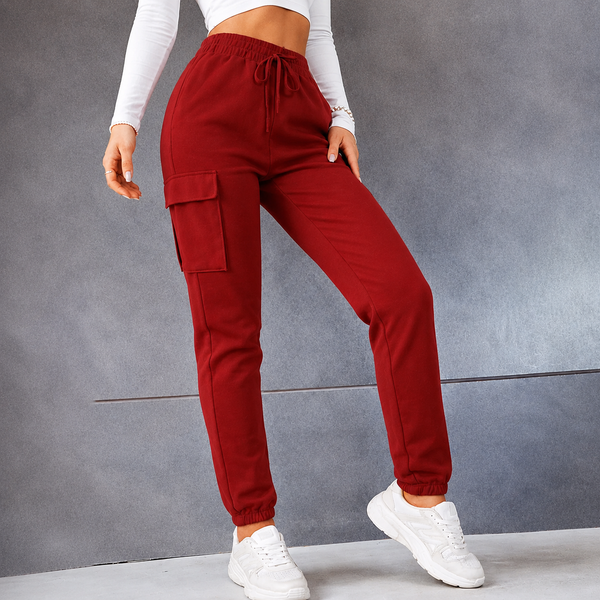 Ladies High Waist Cargo Utility Joggers (Burgundy)