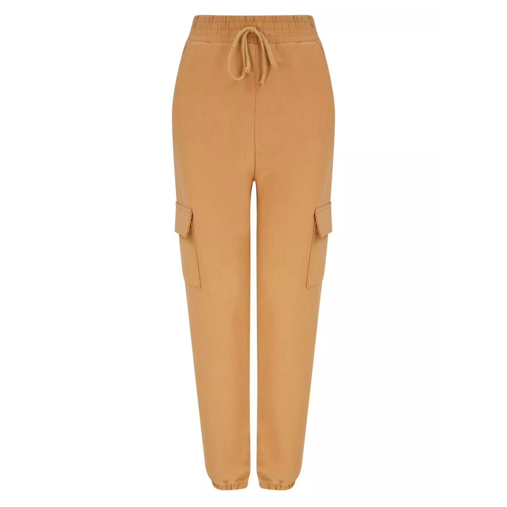 Women's camel combat-style joggers with elasticated waistband, drawstring tie, and side cargo pockets – casual utility trousers