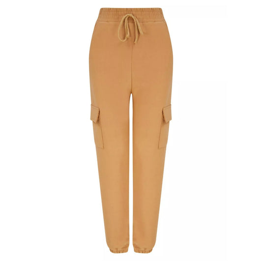 Women's camel combat-style joggers with elasticated waistband, drawstring tie, and side cargo pockets – casual utility trousers