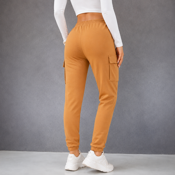 Ladies High Waist Cargo Utility Joggers (Camel)