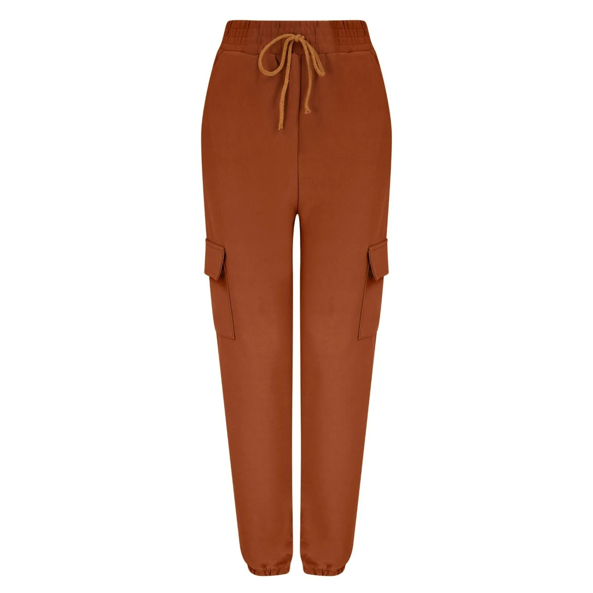 Women's terracotta combat-style joggers with elasticated waistband, drawstring tie, and side cargo pockets – casual utility trousers